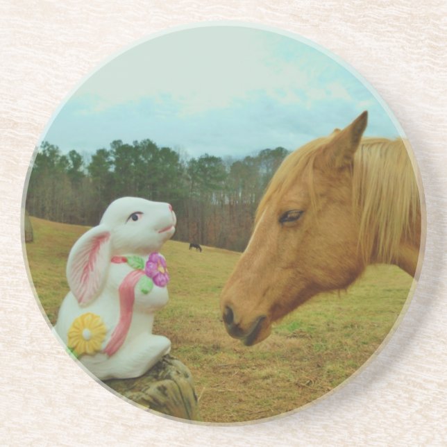Dessous De Verre En Grès Blond Jaune cheval & Bunny de Pâques (Devant)