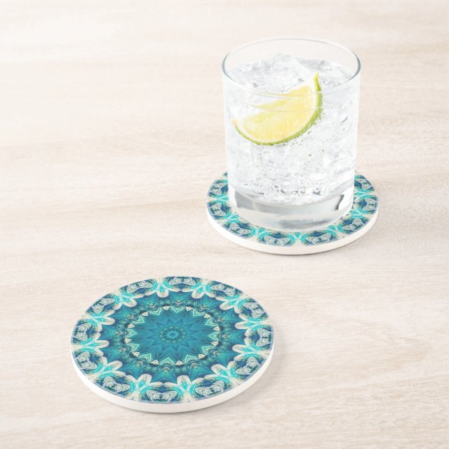 Dessous De Verre En Grès Blue Aqua Mandala Rosette Retro Hippie (Côté)
