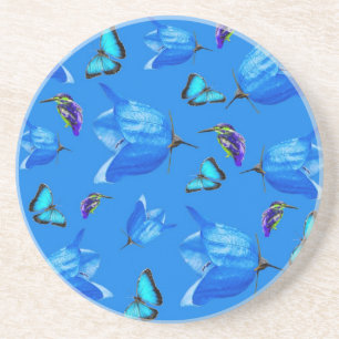 Dessous De Verre En Grès Blue Butterflies, Kingfishers, And Bell Flowers
