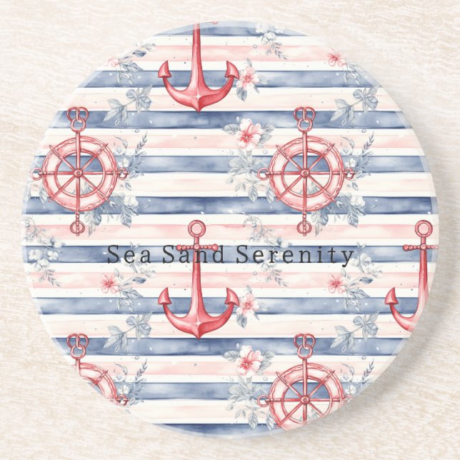 Dessous De Verre En Grès Blue Red Anchors Floral Stripes Beach Ocean (Devant)