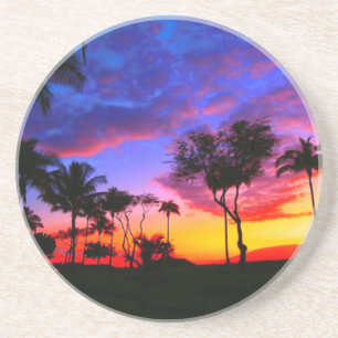 Dessous De Verre En Grès Blue Red Sunset Exotic Hawaiian Beach Palm Trees