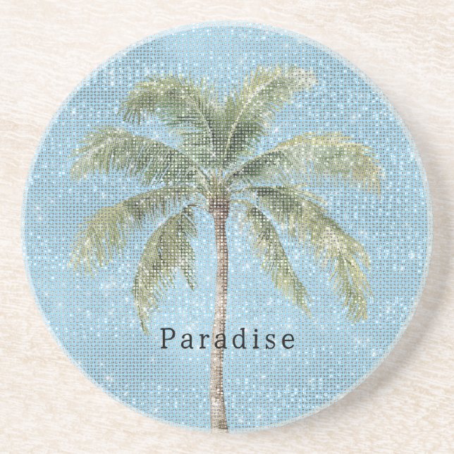 Dessous De Verre En Grès Blue Sky Tropical Palm Tree Sparkle  (Devant)