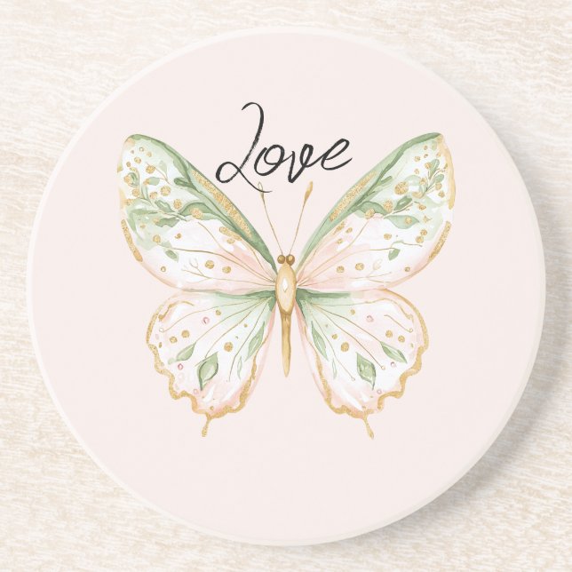 Dessous De Verre En Grès Blush Pink Mint Green Gold Butterfly Love (Devant)