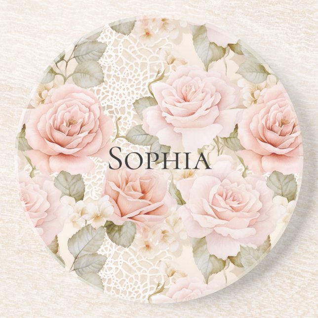 Dessous De Verre En Grès Blush rose crème floral   (Devant)