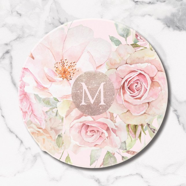 Dessous De Verre En Grès Blush Rose Gold Floral Monogrammé  (Close up)