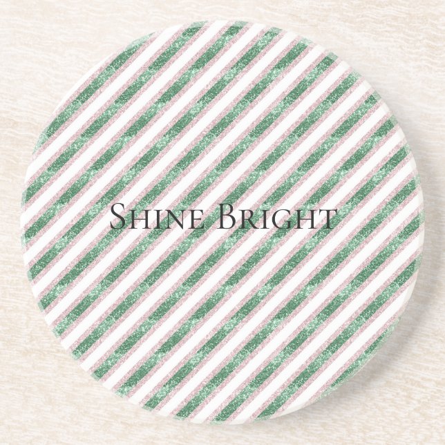 Dessous De Verre En Grès Blush Rose Vert Pailleté Rayures Noël   (Devant)