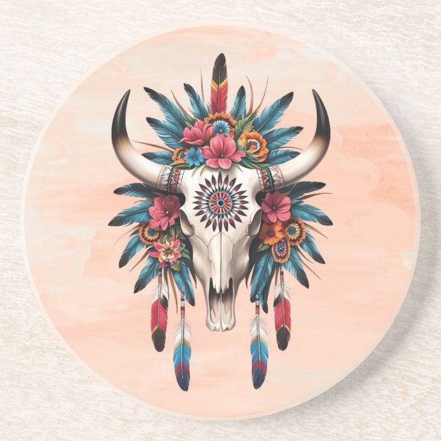 Dessous De Verre En Grès Boho Chic Aquarelle Crâne de Vache Floral Tribal (Devant)