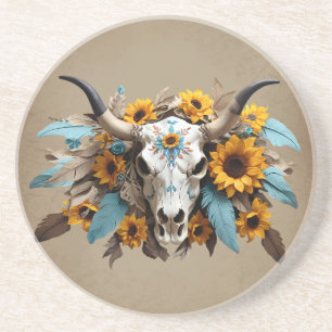 Dessous De Verre En Grès Boho Chic Aquarelle Tournesol Crâne de Vache Plume
