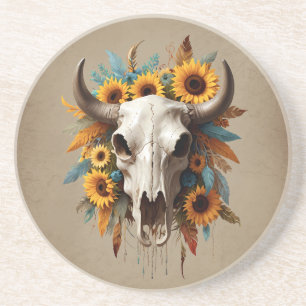 Dessous De Verre En Grès Boho Chic Aquarelle Tournesol Crâne de Vache Plume