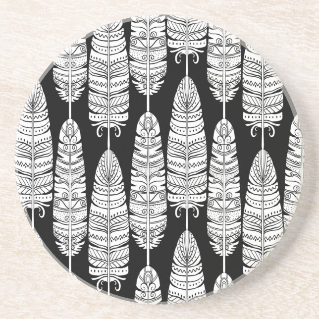 Dessous De Verre En Grès Boho plumes : motif noir et blanc (Devant)