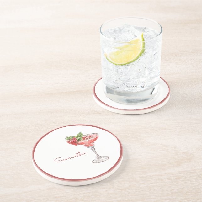 Dessous De Verre En Grès Boisson Cocktail Fraise Rouge Blanc (Côté)