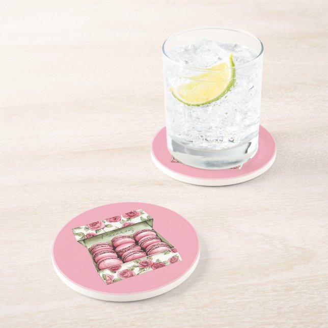 Dessous De Verre En Grès Boîte de Macarons aux Jolies Roses Roses (Côté)