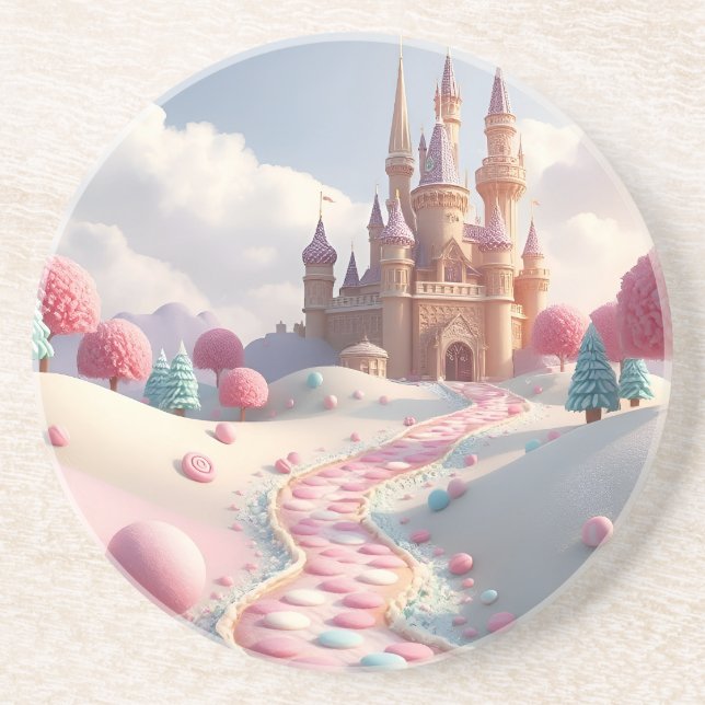 Dessous De Verre En Grès Bonbons Rose Neige Terre Fée Château (Devant)