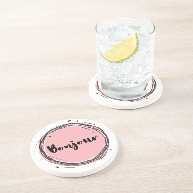 Dessous De Verre En Grès Bonjour en rose sur blanc (Côté)