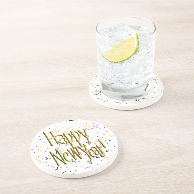 Dessous De Verre En Grès Bonne Année - Confettis Texte Or (Côté)