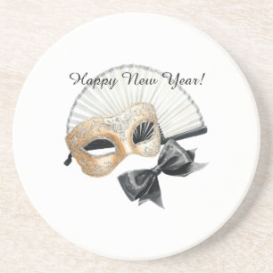 Dessous De Verre En Grès Bonne Année Masque Noir Or