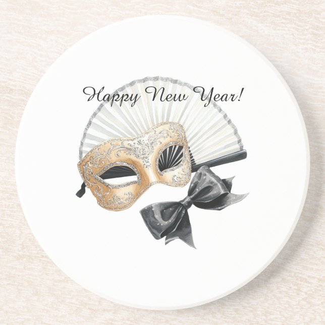 Dessous De Verre En Grès Bonne Année Masque Noir Or (Devant)