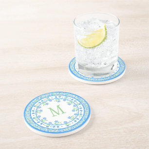 Dessous De Verre En Grès Bordure ronde fleurie aux bords verts joliment ble