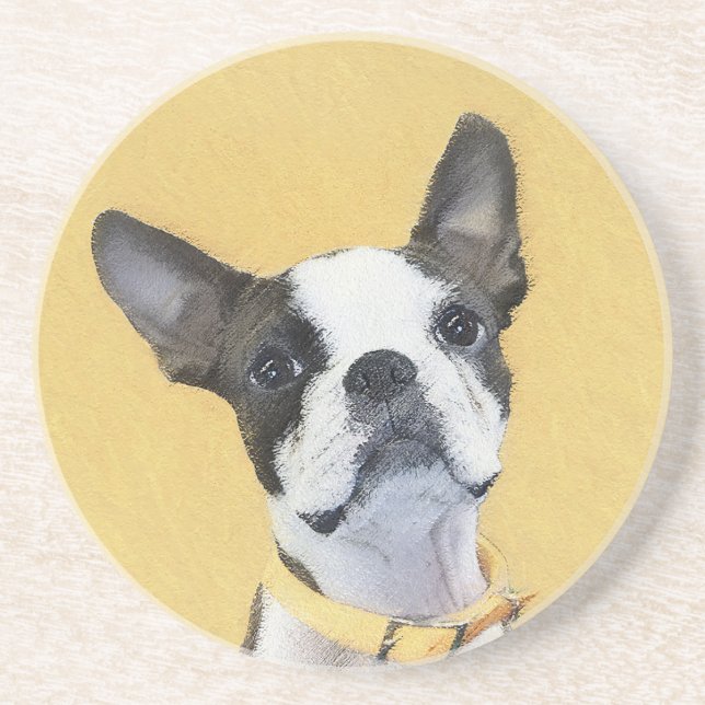 Dessous De Verre En Grès Boston Terrier Peinture - Cute Original Chien Art (Devant)
