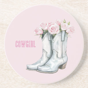 Dessous De Verre En Grès Bottes de cowgirl argentées à roses roses jolies