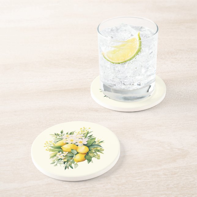 Dessous De Verre En Grès Bouquet de citron avec fleurs blanches (Côté)