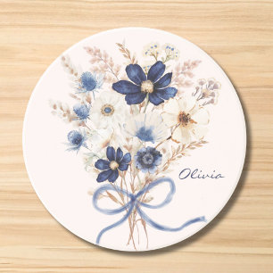 Dessous De Verre En Grès Bouquet de fleurs bleu marine aquarelle personnali
