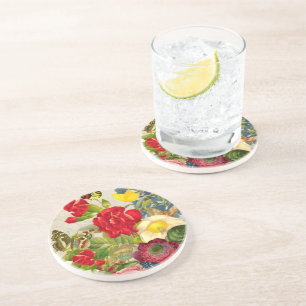 Dessous De Verre En Grès Bouquet de fleurs vintages aux papillons