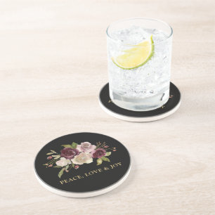 Dessous De Verre En Grès Bouquet d'hiver Paix Amour et Joie Noir Vacances