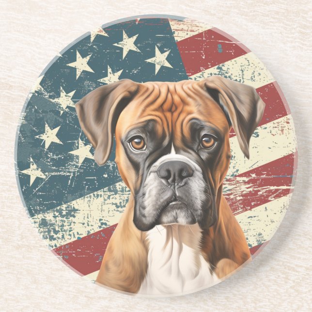 Dessous De Verre En Grès Boxer Américain Drapeau Américain Grunge (Devant)
