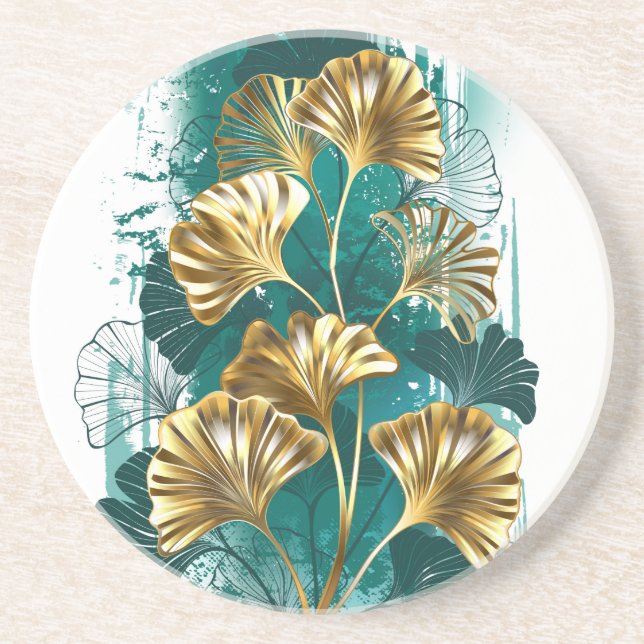 Dessous De Verre En Grès Branch with Golden Leaves Ginko Biloba (Devant)