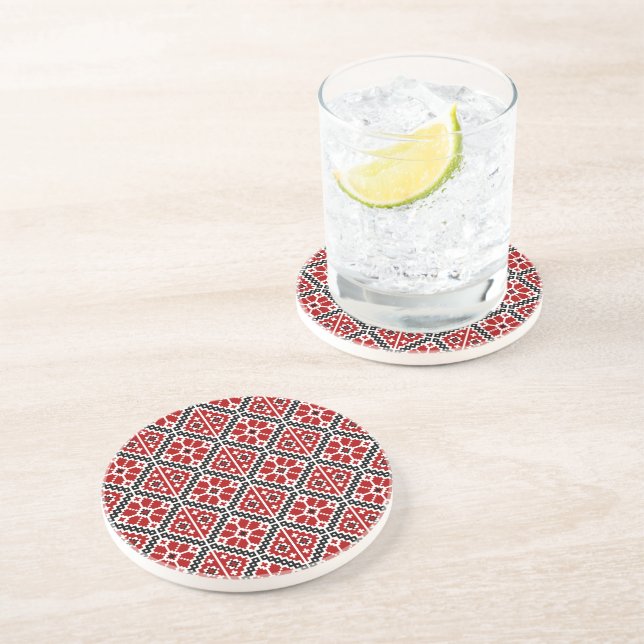 Dessous De Verre En Grès Broderie Ethnique Slave, Traditionnelle Balkanique (Côté)