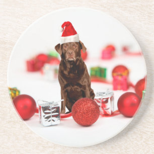 Dessous De Verre En Grès Brown Labrador Chien Noël w Cadeaux Santa Hat