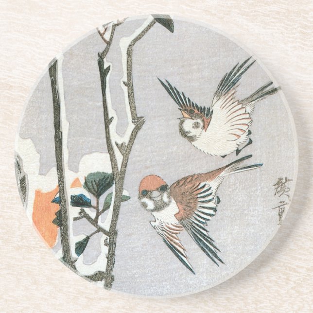 Dessous De Verre En Grès Bruants et Camellia en Neige par Ando Hiroshige (Devant)