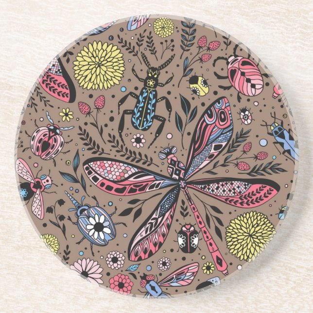 Dessous De Verre En Grès Bugs de Doodle sur mocha brown (Devant)