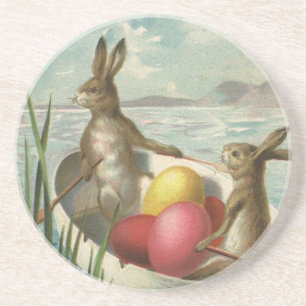 Dessous De Verre En Grès Bunnies vintages de Pâques en bateau avec oeufs de