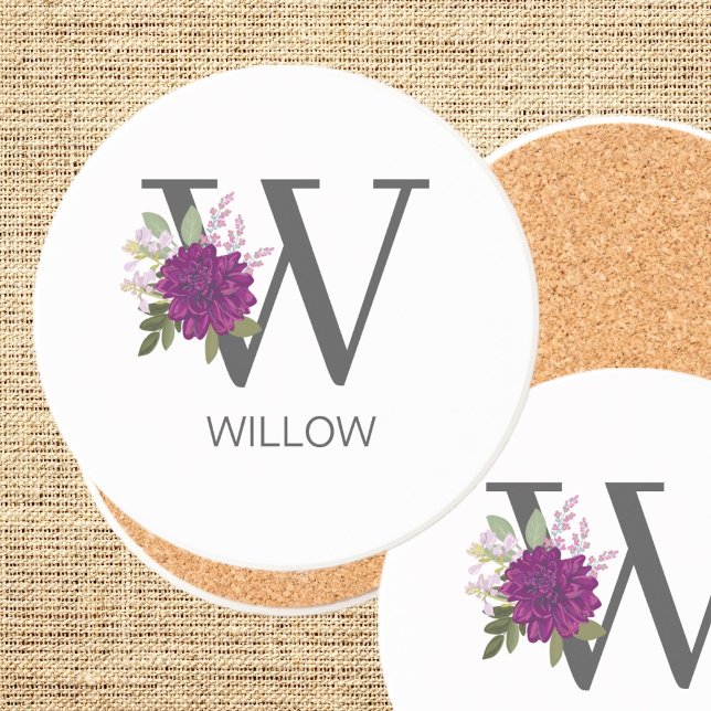 Dessous De Verre En Grès Burgundy Dahlia Floral Alphabet Letter Monogram   (Créateur téléchargé)