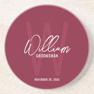 Dessous De Verre En Grès Burgundy Red Script Personnalisé Groomsman's Name