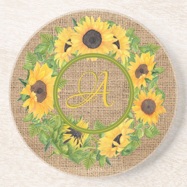 Dessous De Verre En Grès Burlap Monogramme Rustique Des Tournesols (Devant)