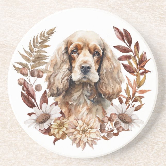 Dessous De Verre En Grès Buster American Cocker Spaniel Dog Autumn Wreath (Devant)