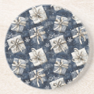 Dessous De Verre En Grès Cadeaux Bleus Rubans Flocons de Neige Argent Noël
