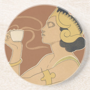 Dessous De Verre En Grès Café Rajah Art Nouveau vintage, Dame avec café