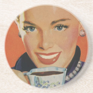 Dessous De Verre En Grès Café Vintage, Femme Heureuse avec Tasse de Café Ré