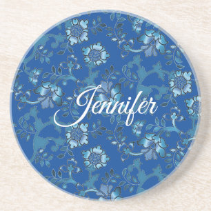 Dessous De Verre En Grès Calligraphie Elégant bleu Floral Nom personnalisé