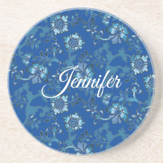 Dessous De Verre En Grès Calligraphie Elégant bleu Floral Nom personnalisé