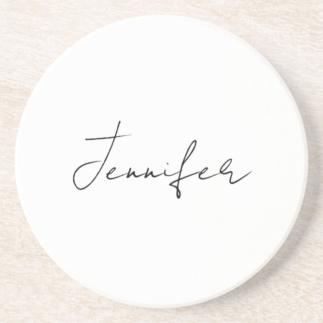 Dessous De Verre En Grès Calligraphie Elégant Noir Blanc Plaine Nom simple (Devant)