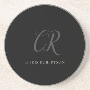 Dessous De Verre En Grès Calligraphie Monogramme Nom Black Grey Cadeau pers