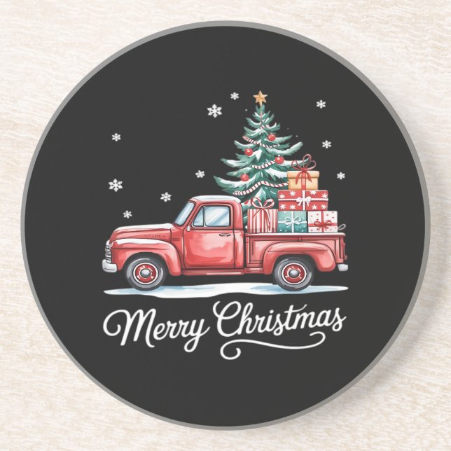 Dessous De Verre En Grès Camion de Noël drôle arbre essentiel (Devant)