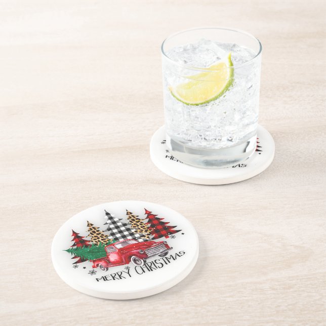 Dessous De Verre En Grès Camion et arbres de Noël joyeux (Côté)