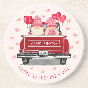 Dessous De Verre En Grès Camion rouge vintage Gnome Couple Coeurs roses