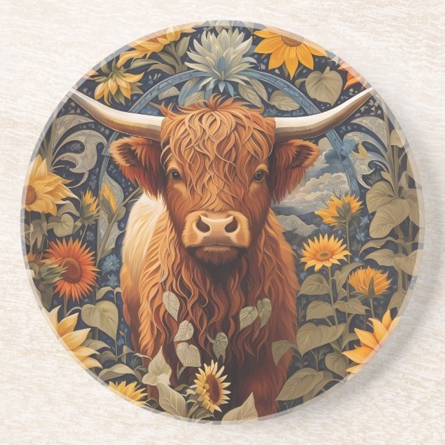 Dessous De Verre En Grès Campagne rustique Highland Cow Sunflowers (Devant)